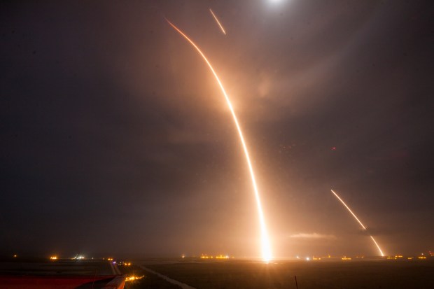 A long exposure image of the SpaceX Falcon 9 showing the launch, re-entry, and landing burns. (Credit: SpaceX)